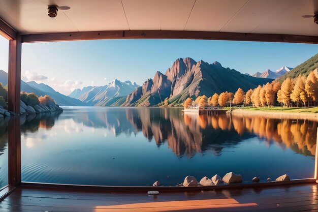 Es gibt Berge und klares Seewasser unter schönem Landschaftstapetenhintergrund des blauen Himmels