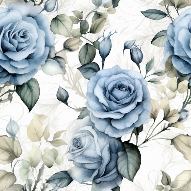 Es gibt blaue Rosen auf weißem Hintergrund mit generativen grünen Blättern