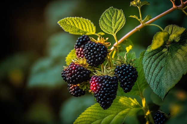 Es gibt Brombeeren im Garten Brombeeren sowohl reif als auch unreif auf einem Strauchfutter