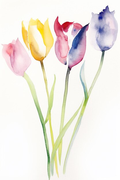 Foto es gibt drei aquarellblumen, die auf einer weißen oberfläche generativ ai