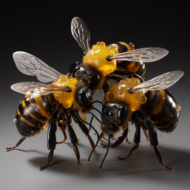Es gibt drei Bienen, die zusammen auf einem Tisch sitzen.