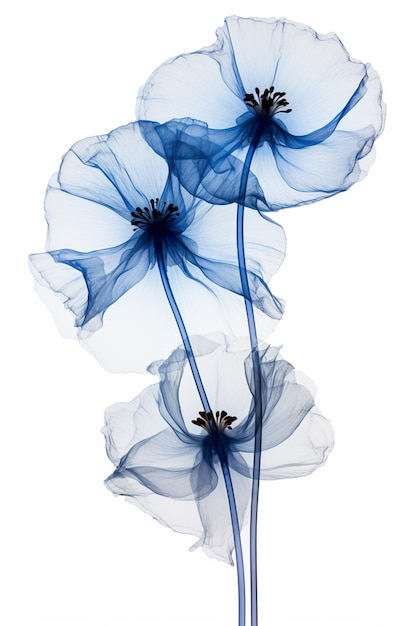 Foto es gibt drei blaue blumen, die auf einem weißen generativen hintergrund stehen