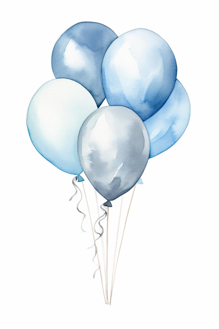 Foto es gibt drei blaue und silberne luftballons auf weißem hintergrund generativ ai