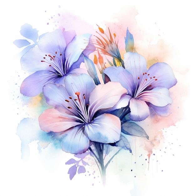 Es gibt drei Blumen, die in Aquarell auf einem generativen Hintergrund auf weißem Hintergrund gemalt sind