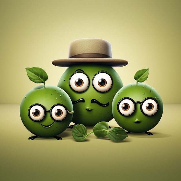 es gibt drei grüne Äpfel mit Augen und einen Hut auf generativer Ai