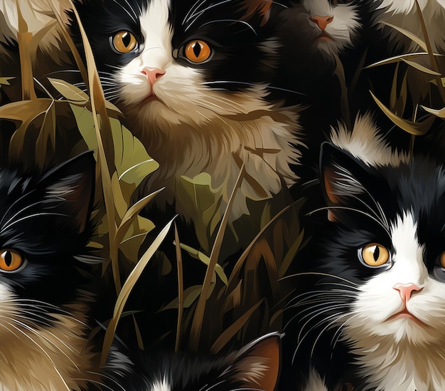 Es gibt drei Katzen, die zusammen im Gras sitzen, generative KI