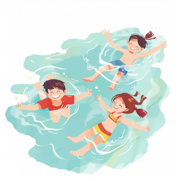 Es gibt drei Kinder, die zusammen im Wasser schwimmen.
