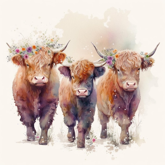 Es gibt drei Kühe mit Blumen auf dem Kopf, die zusammen generative KI stehen