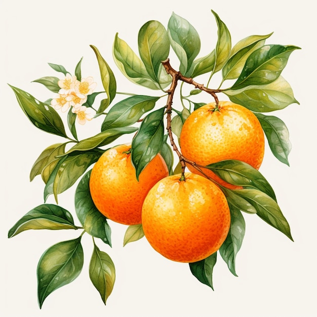 es gibt drei Orangen auf einem Zweig mit Blättern und Blüten generative ai