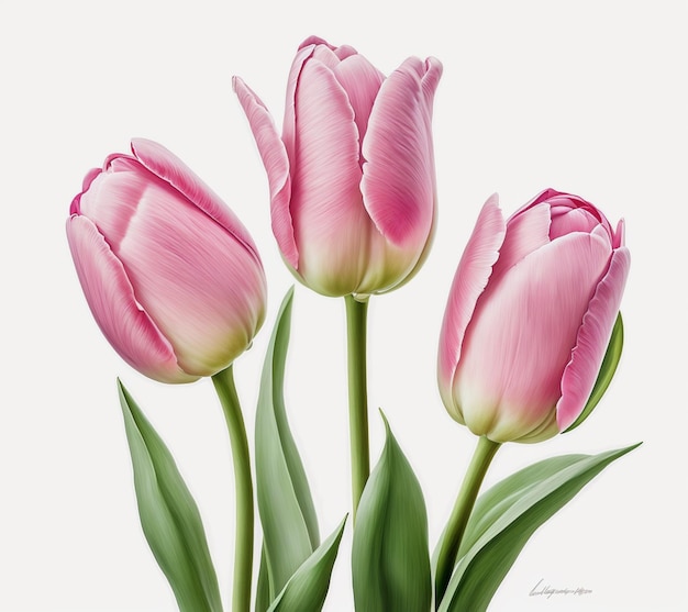 Es gibt drei rosa Tulpen in einer Vase auf einem weißen Hintergrund.