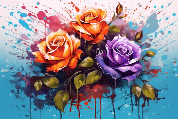 Es gibt drei Rosen, die mit Farbspritzen gemalt sind, die generativ sind.