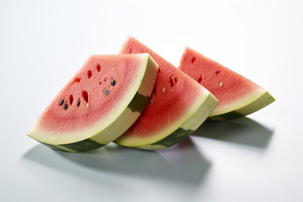 Es gibt drei Scheiben Wassermelone auf einer weißen generativen Oberfläche