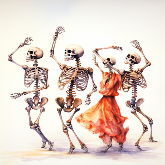 Foto es gibt drei skelette, die zusammen in einer reihe mit einer frau tanzen.