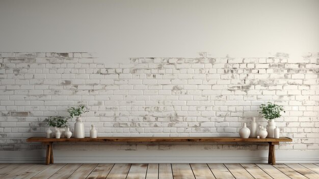 es gibt drei Vasen auf einer Holzbank vor einer Backsteinmauer generative ai