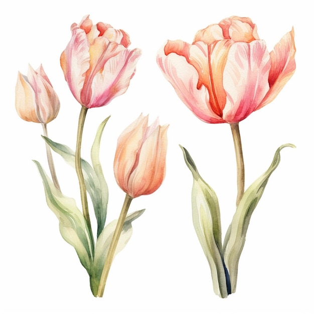 Es gibt drei verschiedene Arten von Blumen, die auf einem generativen KI-Hintergrund auf weißem Hintergrund gemalt sind