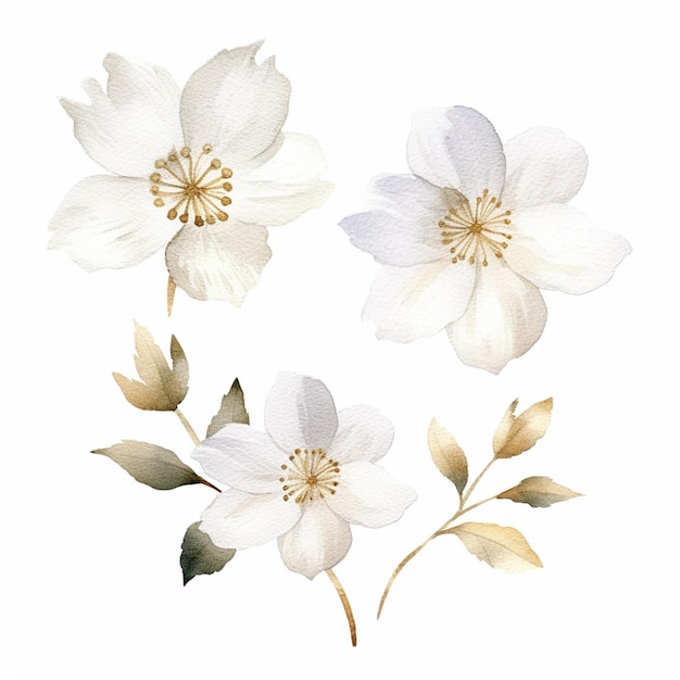 Es gibt drei weiße Blüten mit grünen Blättern auf einem weißen Hintergrund.