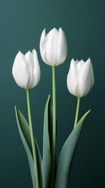 Es gibt drei weiße Tulpen in einer Vase auf einem Tisch generativ ai
