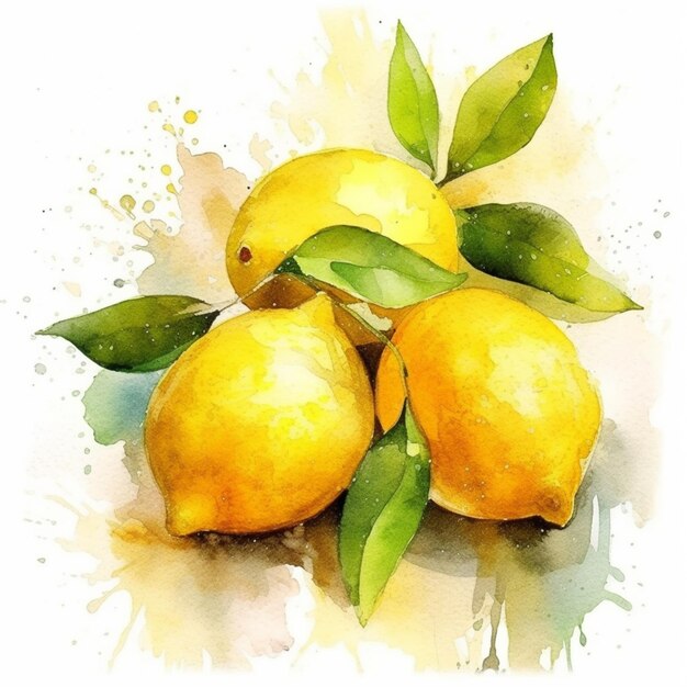 Es gibt drei Zitronen mit Blättern auf weißem Hintergrund, generative KI