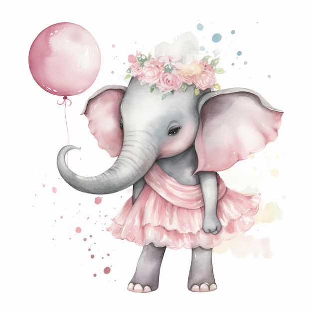 Es gibt ein Aquarellbild eines Elefanten, der ein Kleid trägt und einen Ballon in der Hand hält