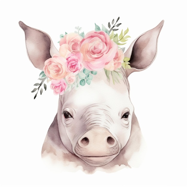 Es gibt ein Aquarellbild von einem Schwein mit Blumen auf dem Kopf.