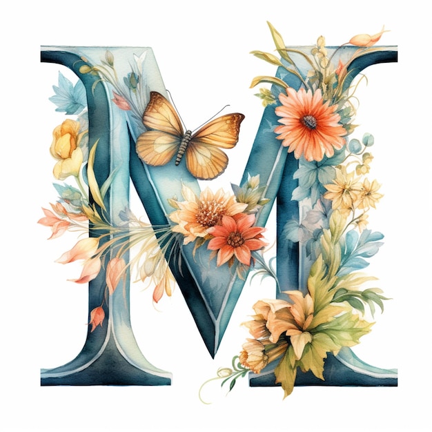Es gibt ein Aquarellgemälde des Buchstaben M mit Blumen und Schmetterlingen.