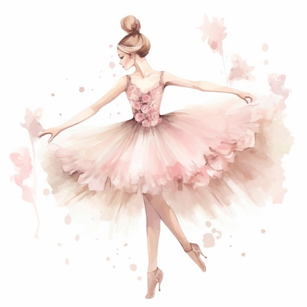 Es gibt ein Aquarellgemälde einer Ballerina in einem rosa Kleid mit generativer KI