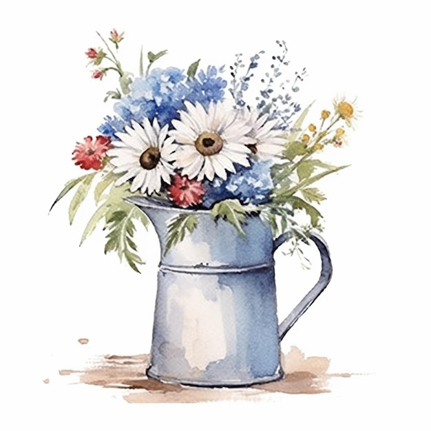 Es gibt ein Aquarellgemälde einer blauen Vase mit Blumen generativ ai