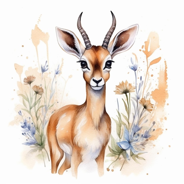 Es gibt ein Aquarellgemälde einer Gazelle mit Blumen generative ai