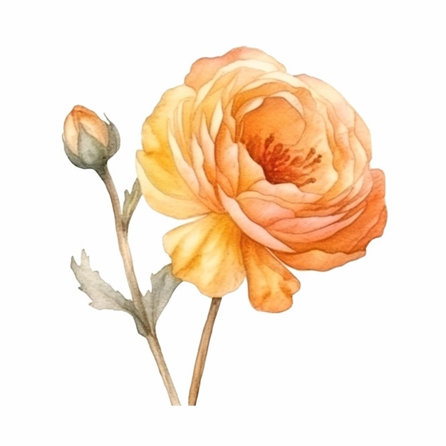 Es gibt ein Aquarellgemälde einer gelben Rose auf einem weißen Hintergrund.