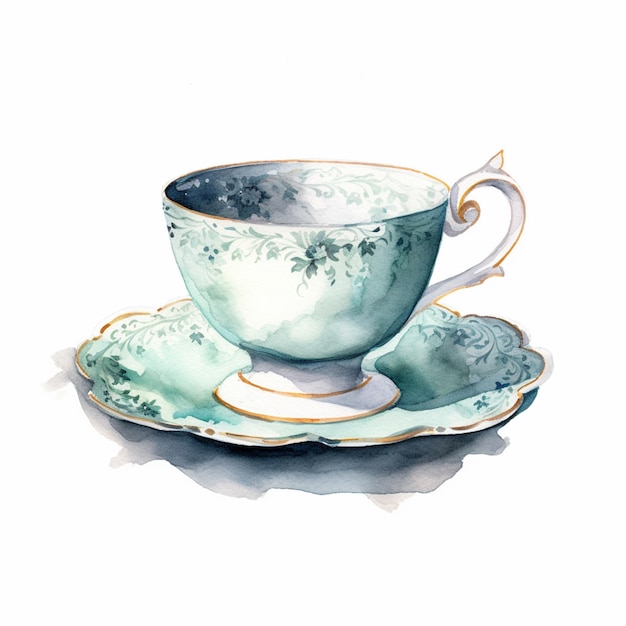 Es gibt ein Aquarellgemälde einer generativen KI mit Teetasse und Untertasse