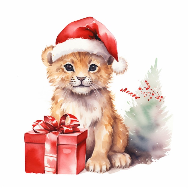es gibt ein aquarellgemälde einer katze mit einem weihnachtsgeschenk generative ai