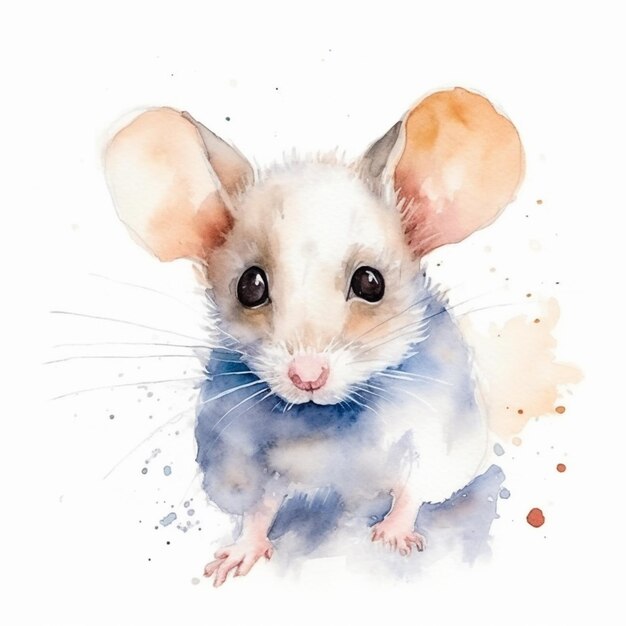 Es gibt ein Aquarellgemälde einer Maus mit einer generativen KI mit blauem Kragen