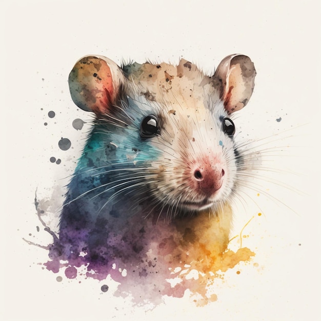 Es gibt ein Aquarellgemälde einer Ratte mit bespritztem Gesicht und generativer KI