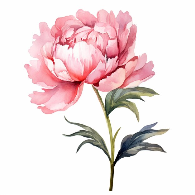 Es gibt ein Aquarellgemälde einer rosa Blume auf einem weißen Hintergrund.