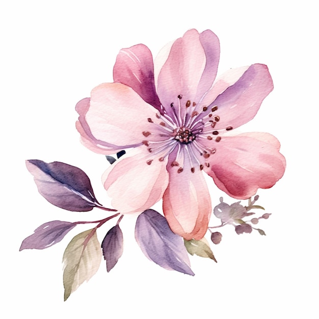 Es gibt ein Aquarellgemälde einer rosa Blume auf weißem Hintergrund, generative KI