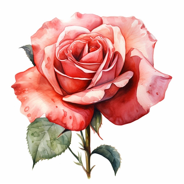 Es gibt ein Aquarellgemälde einer Rose mit einem grünen Stiel