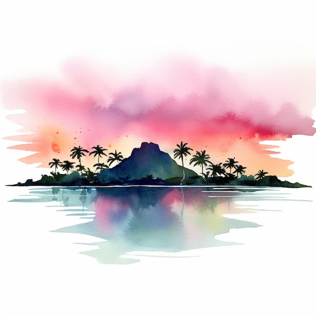 Es gibt ein Aquarellgemälde einer tropischen Insel mit generativen Palmen