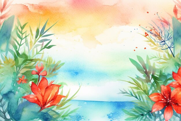 Es gibt ein Aquarellgemälde einer tropischen Szene mit Blumen generative ai