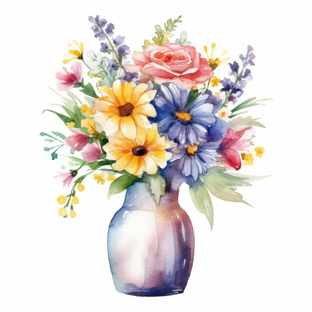 Es gibt ein Aquarellgemälde einer Vase mit Blumen darin, generative KI