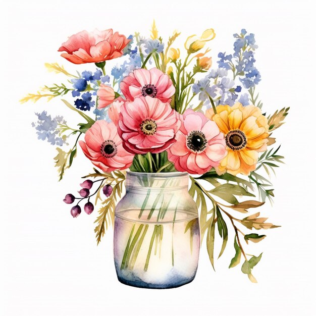 Es gibt ein Aquarellgemälde einer Vase mit Blumen darin, generative KI