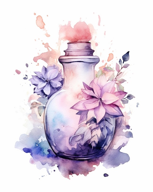 Es gibt ein Aquarellgemälde einer Vase mit Blumen darin.