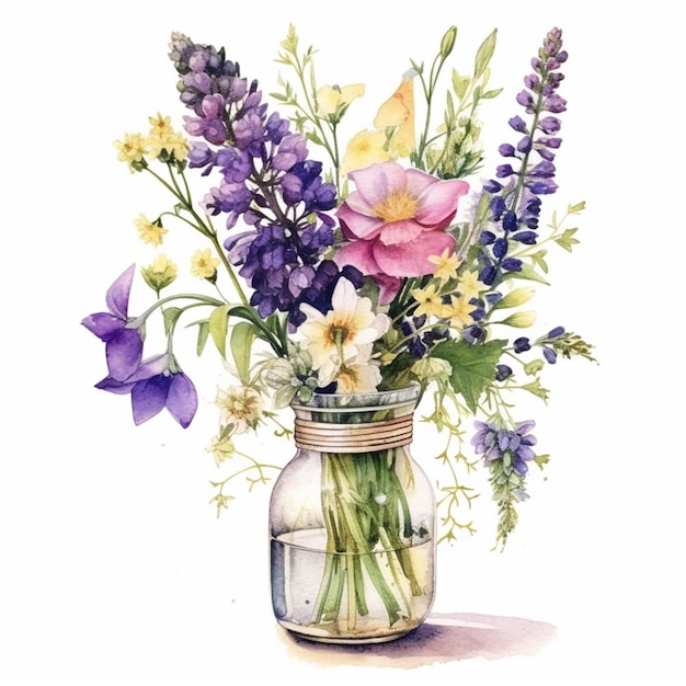 Es gibt ein Aquarellgemälde einer Vase mit generativen Blumen