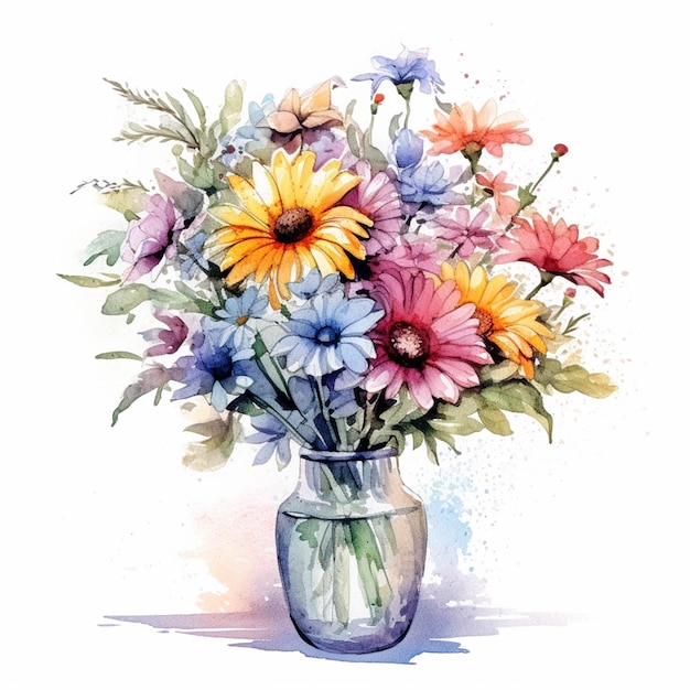 Es gibt ein Aquarellgemälde einer Vase mit generativen Blumen