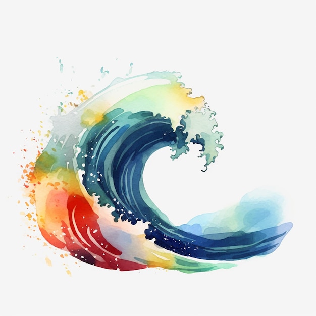 Es gibt ein Aquarellgemälde einer Welle mit einem Regenbogen-Splash generativ ai