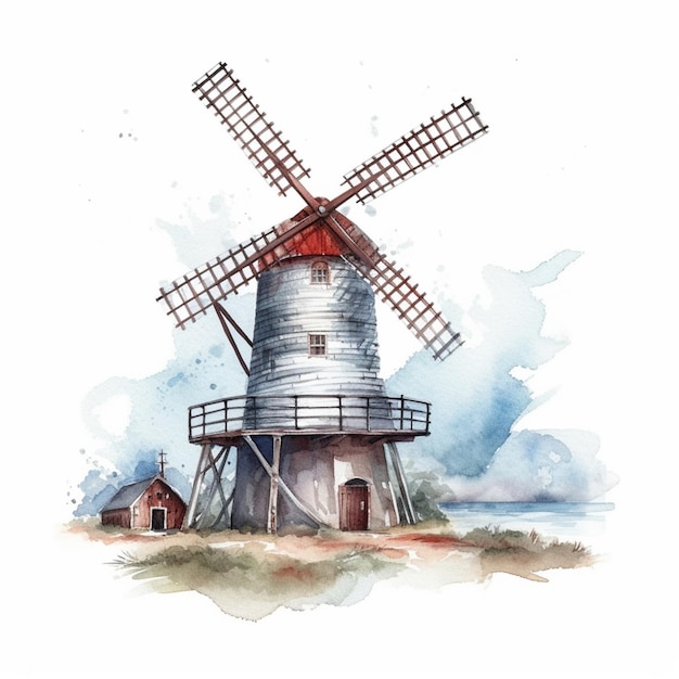 Es gibt ein Aquarellgemälde einer Windmühle auf einem weißen Hintergrund.