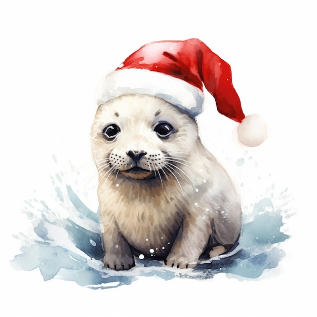Es gibt ein Aquarellgemälde eines Baby-Seals, das einen Weihnachtsmannshut trägt