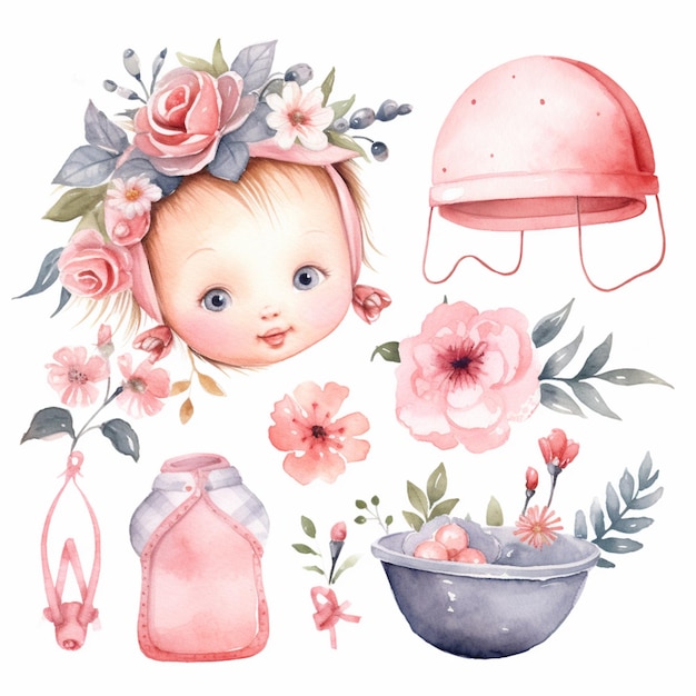 Es gibt ein Aquarellgemälde eines Babys mit Blumen und einem generativen Hut