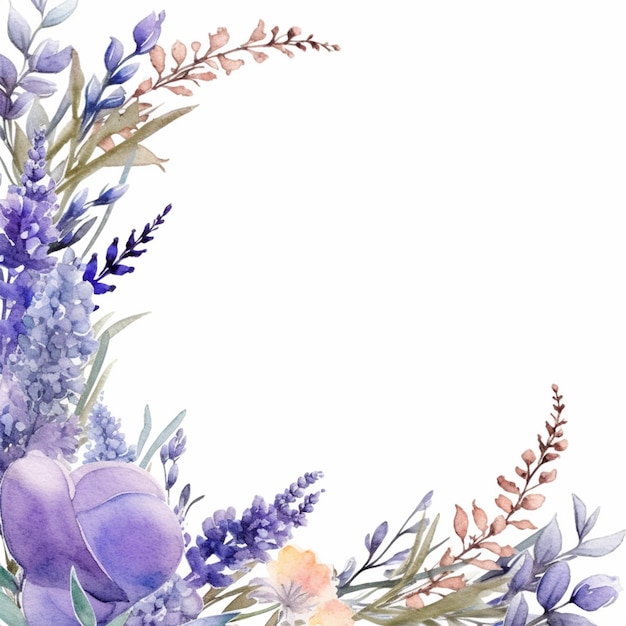 Es gibt ein Aquarellgemälde eines Blumenarrangements mit generativen violetten Blumen