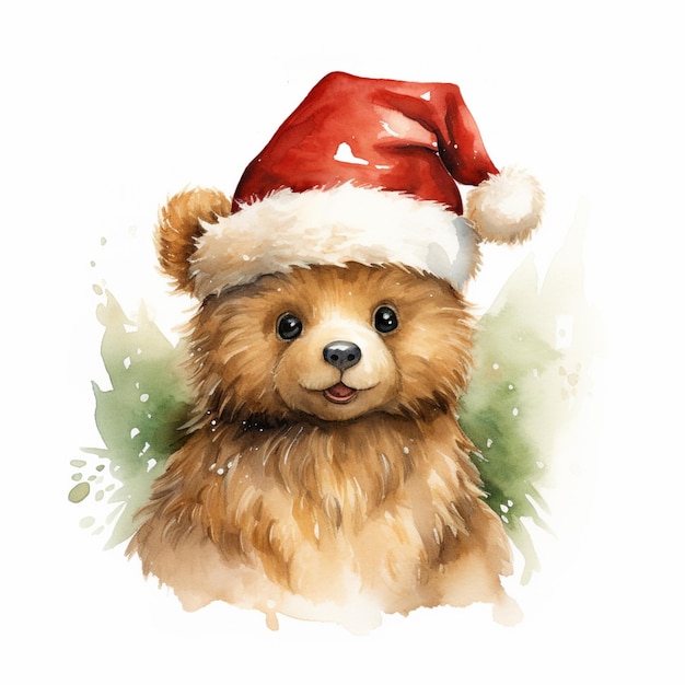Es gibt ein Aquarellgemälde eines braunen Bären, der einen Weihnachtsmannhut trägt