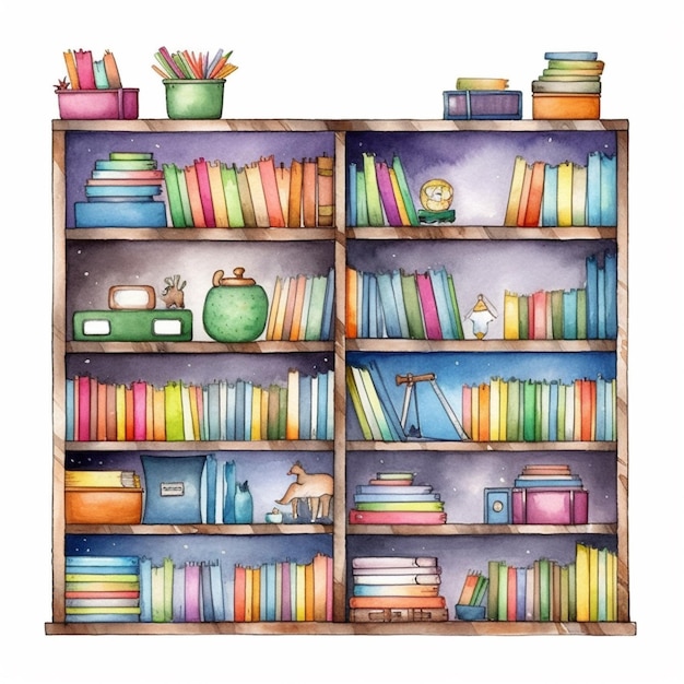 Es gibt ein Aquarellgemälde eines Bücherregals mit generativen Büchern